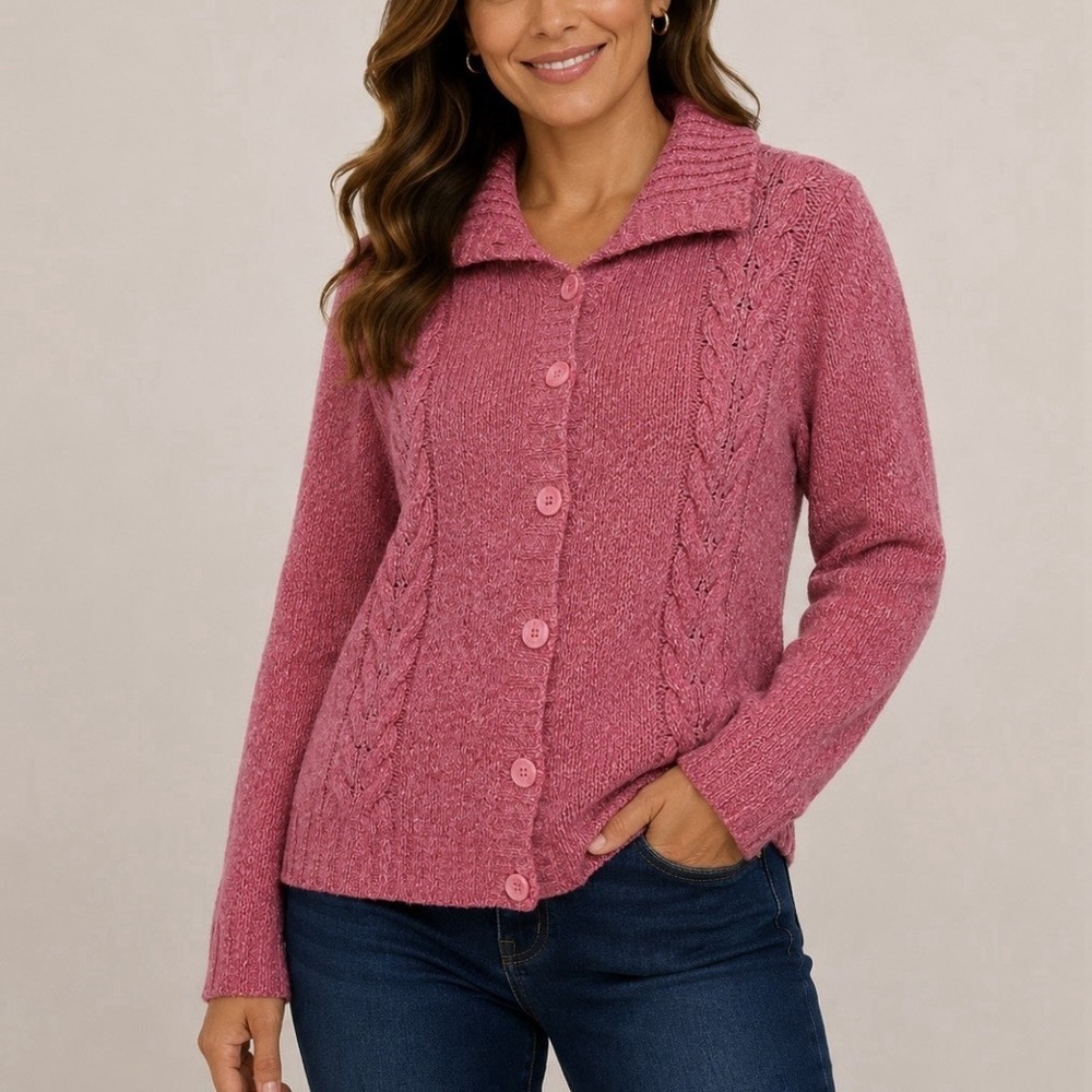 LL Bean Pink Cable Marled Collar Button Wool Blend Cardigan Sweater LARGE